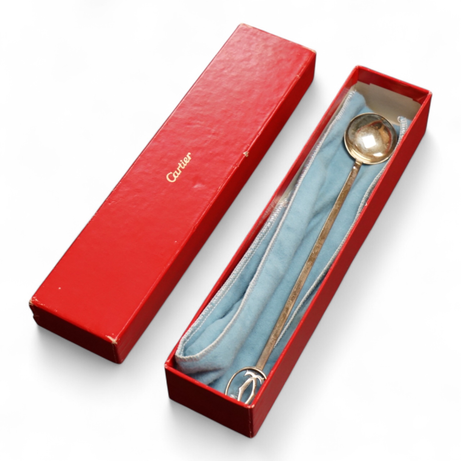A late 20th century Cartier sterling cocktail stirring spoon, 22.7cm, 33 grams, with Cartier pouch and box.
